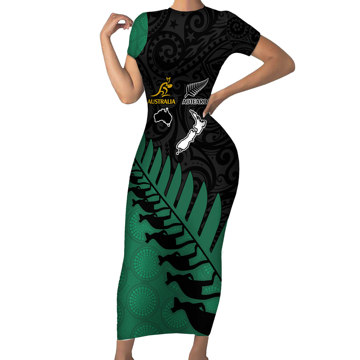 Australia Wallabies and Aotearoa Rugby Short Sleeve Bodycon Dress Kangaroo Black Fern Maori Green Vibe - Wonder Print Shop