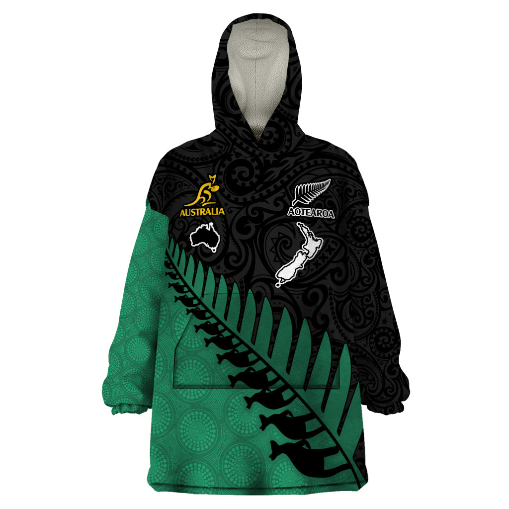 Australia Wallabies and Aotearoa Rugby Wearable Blanket Hoodie Kangaroo Black Fern Maori Green Vibe - Wonder Print Shop