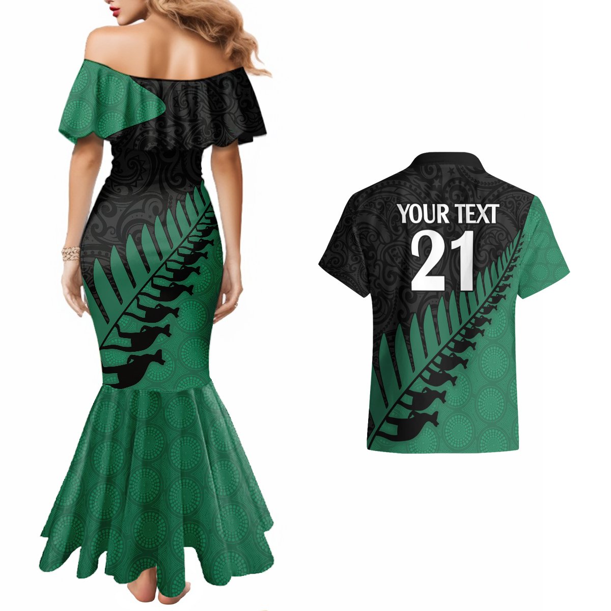 Custom Australia Wallabies and Aotearoa Rugby Couples Matching Mermaid Dress And Hawaiian Shirt Kangaroo Black Fern Maori Green Vibe LT9 - Wonder Print Shop