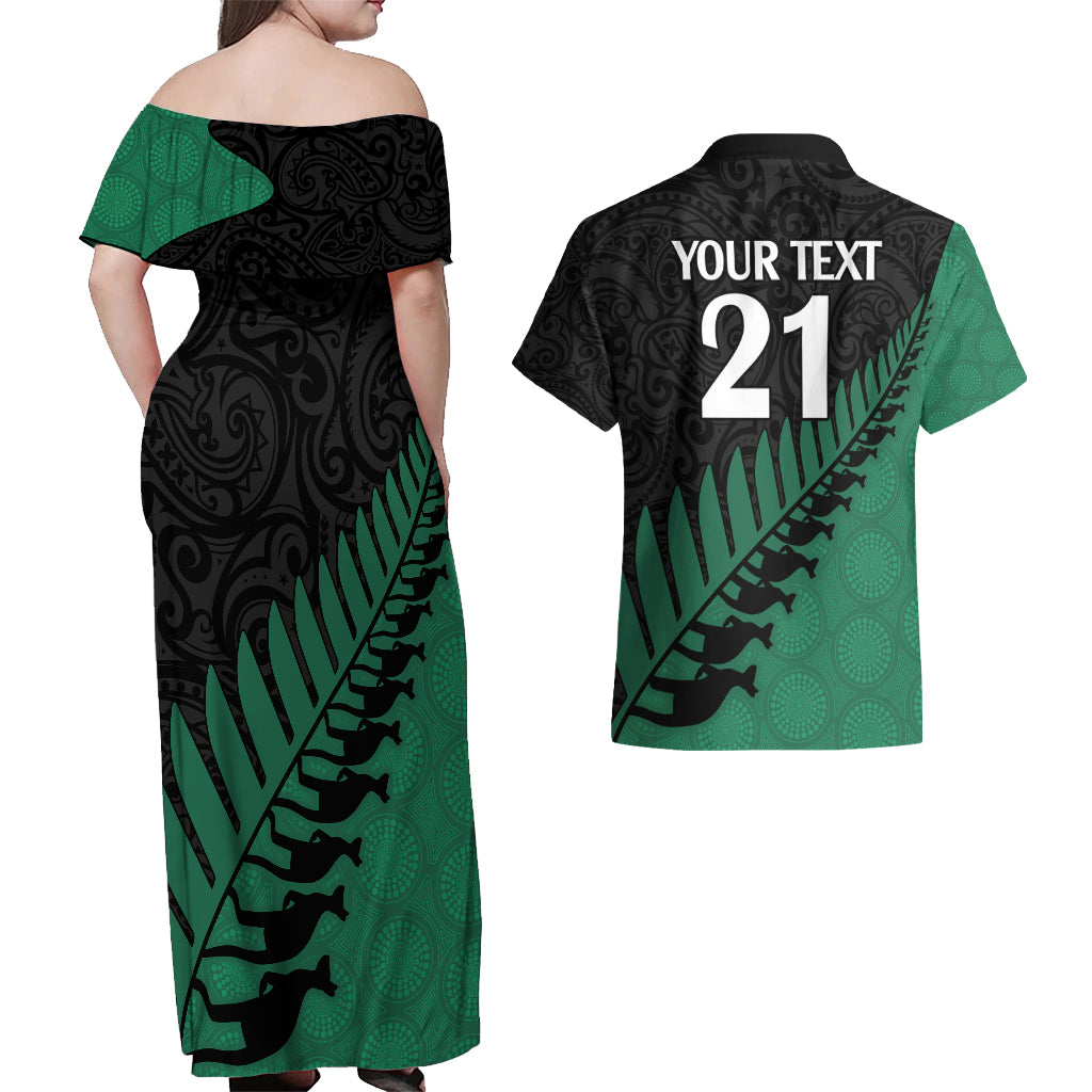 Custom Australia Wallabies and Aotearoa Rugby Couples Matching Off Shoulder Maxi Dress and Hawaiian Shirt Kangaroo Black Fern Maori Green Vibe LT9 - Wonder Print Shop