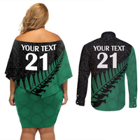 Custom Australia Wallabies and Aotearoa Rugby Couples Matching Off Shoulder Short Dress and Long Sleeve Button Shirts Kangaroo Black Fern Maori Green Vibe LT9 - Wonder Print Shop