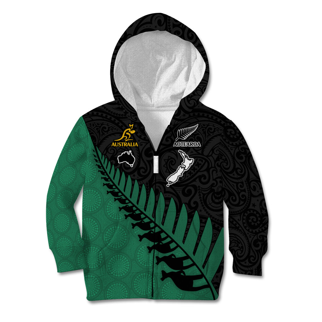 Custom Australia Wallabies and Aotearoa Rugby Kid Hoodie Kangaroo Black Fern Maori Green Vibe - Wonder Print Shop