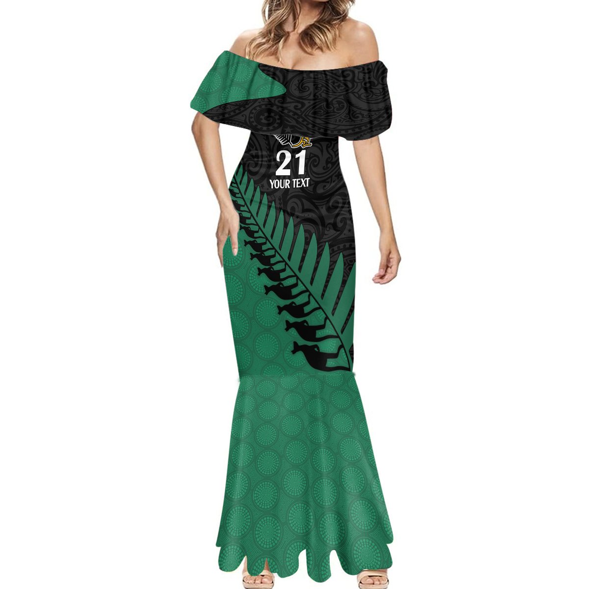Custom Australia Wallabies and Aotearoa Rugby Mermaid Dress Kangaroo Black Fern Maori Green Vibe - Wonder Print Shop