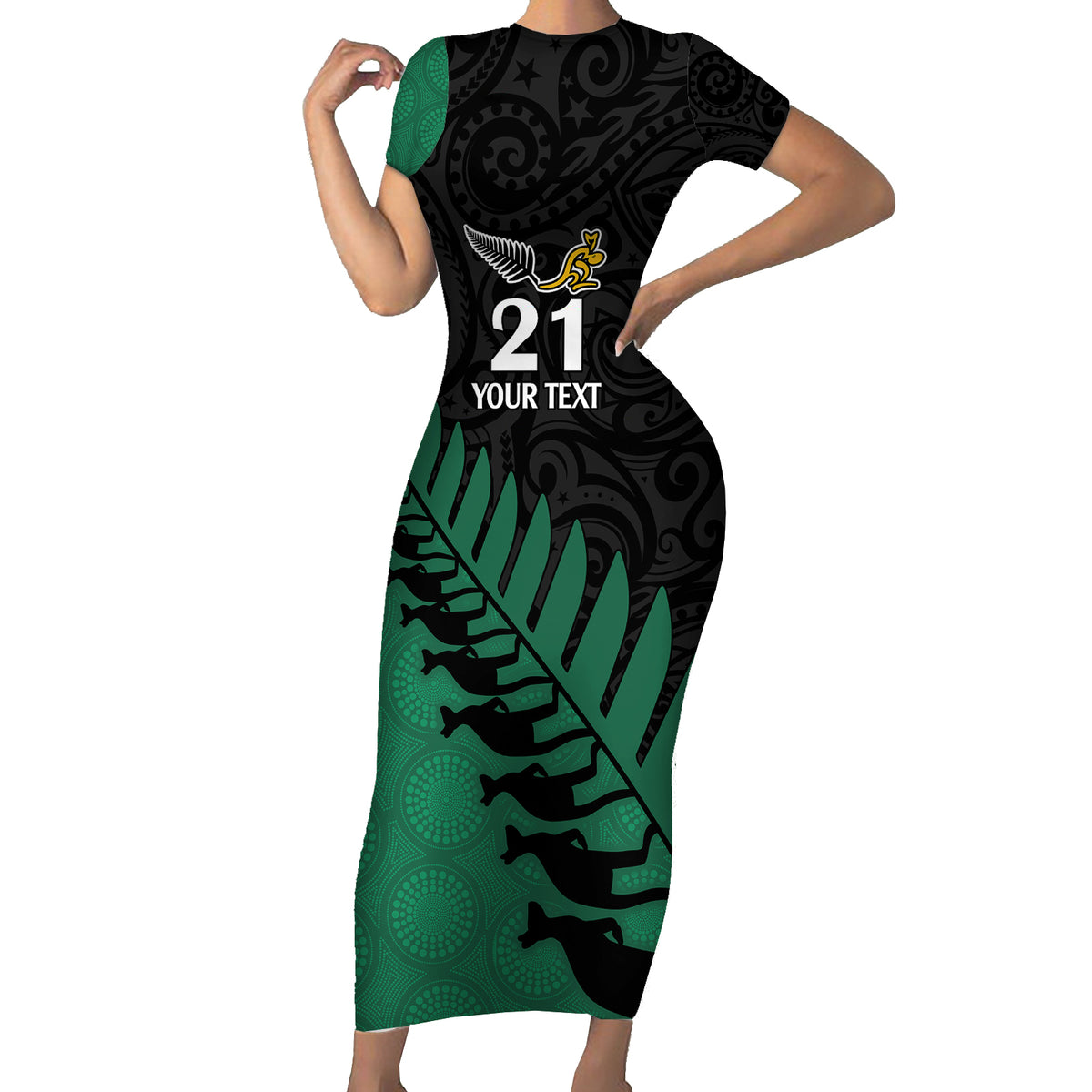 Custom Australia Wallabies and Aotearoa Rugby Short Sleeve Bodycon Dress Kangaroo Black Fern Maori Green Vibe - Wonder Print Shop