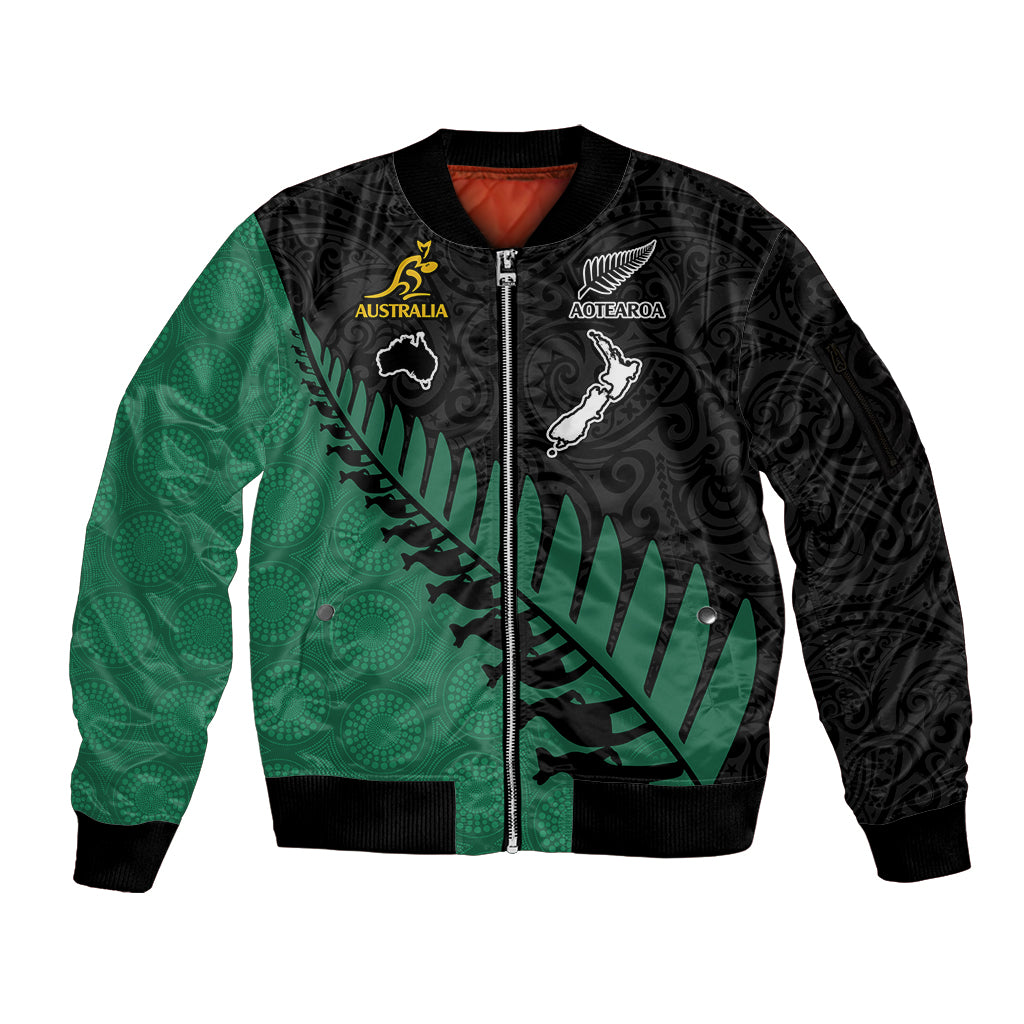 Custom Australia Wallabies and Aotearoa Rugby Sleeve Zip Bomber Jacket Kangaroo Black Fern Maori Green Vibe - Wonder Print Shop