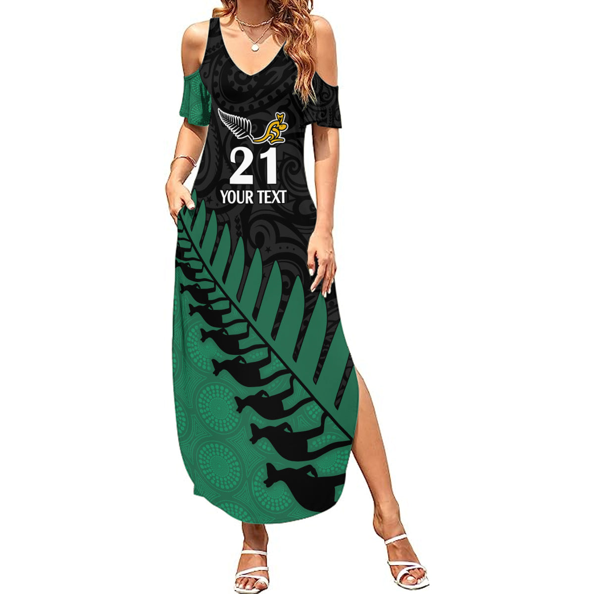 Custom Australia Wallabies and Aotearoa Rugby Summer Maxi Dress Kangaroo Black Fern Maori Green Vibe - Wonder Print Shop