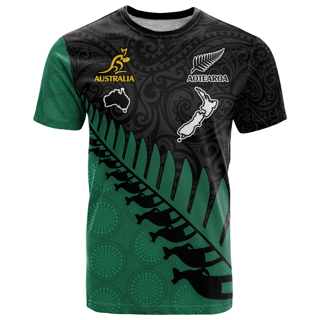 Custom Australia Wallabies and Aotearoa Rugby T Shirt Kangaroo Black Fern Maori Green Vibe - Wonder Print Shop