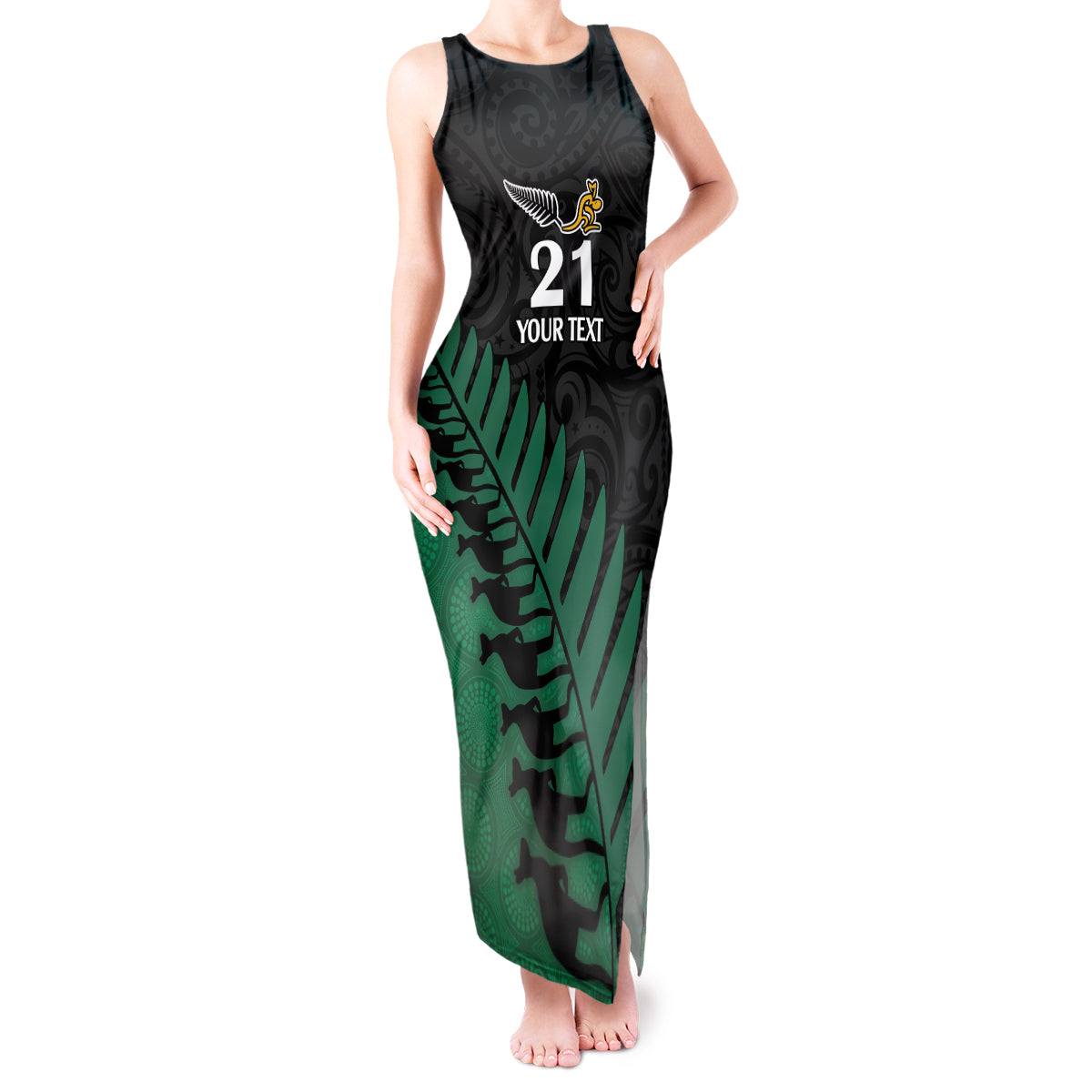 Custom Australia Wallabies and Aotearoa Rugby Tank Maxi Dress Kangaroo Black Fern Maori Green Vibe - Wonder Print Shop