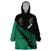 Custom Australia Wallabies and Aotearoa Rugby Wearable Blanket Hoodie Kangaroo Black Fern Maori Green Vibe - Wonder Print Shop