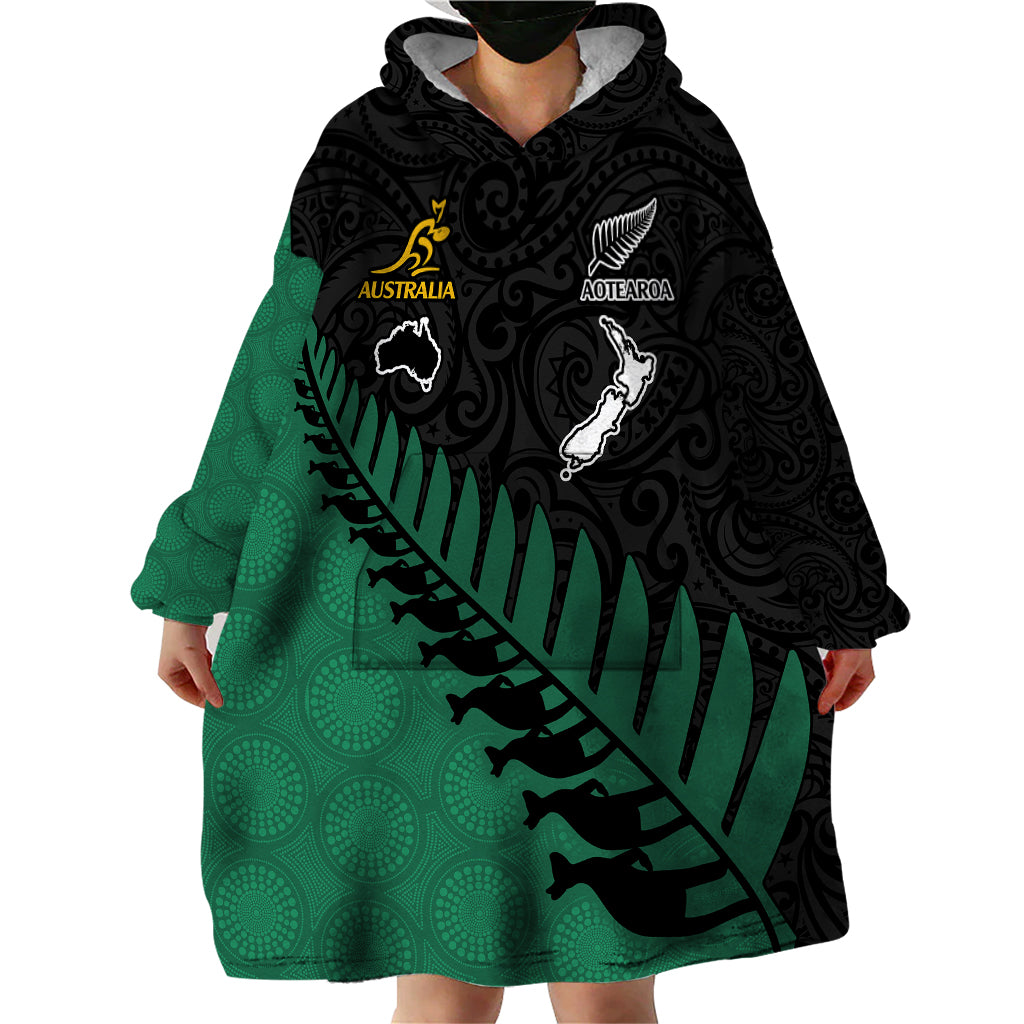 Custom Australia Wallabies and Aotearoa Rugby Wearable Blanket Hoodie Kangaroo Black Fern Maori Green Vibe - Wonder Print Shop