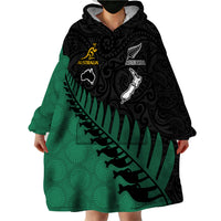 Custom Australia Wallabies and Aotearoa Rugby Wearable Blanket Hoodie Kangaroo Black Fern Maori Green Vibe - Wonder Print Shop