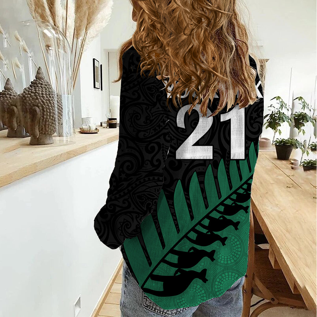 Custom Australia Wallabies and Aotearoa Rugby Women Casual Shirt Kangaroo Black Fern Maori Green Vibe - Wonder Print Shop
