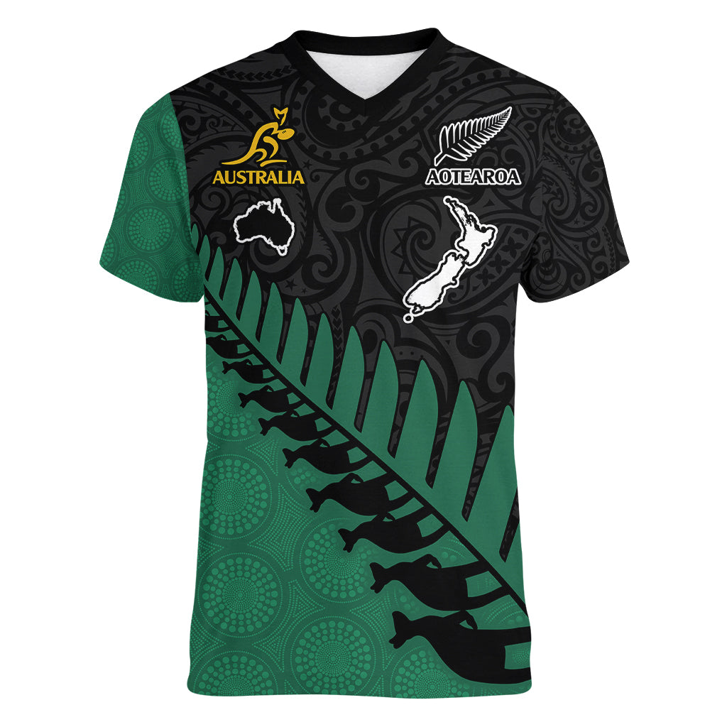 Custom Australia Wallabies and Aotearoa Rugby Women V Neck T Shirt Kangaroo Black Fern Maori Green Vibe - Wonder Print Shop