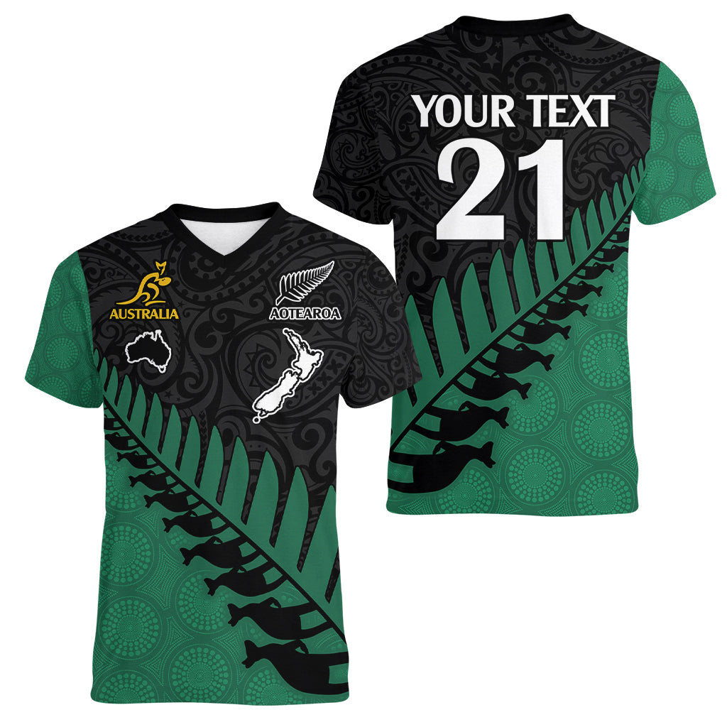 Custom Australia Wallabies and Aotearoa Rugby Women V Neck T Shirt Kangaroo Black Fern Maori Green Vibe - Wonder Print Shop