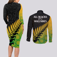 Australia Wallabies and Aotearoa Rugby Couples Matching Long Sleeve Bodycon Dress and Long Sleeve Button Shirts Kangaroo Black Fern Maori Gradient Vibe LT9 - Wonder Print Shop