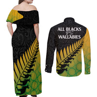 Australia Wallabies and Aotearoa Rugby Couples Matching Off Shoulder Maxi Dress and Long Sleeve Button Shirts Kangaroo Black Fern Maori Gradient Vibe LT9 - Wonder Print Shop