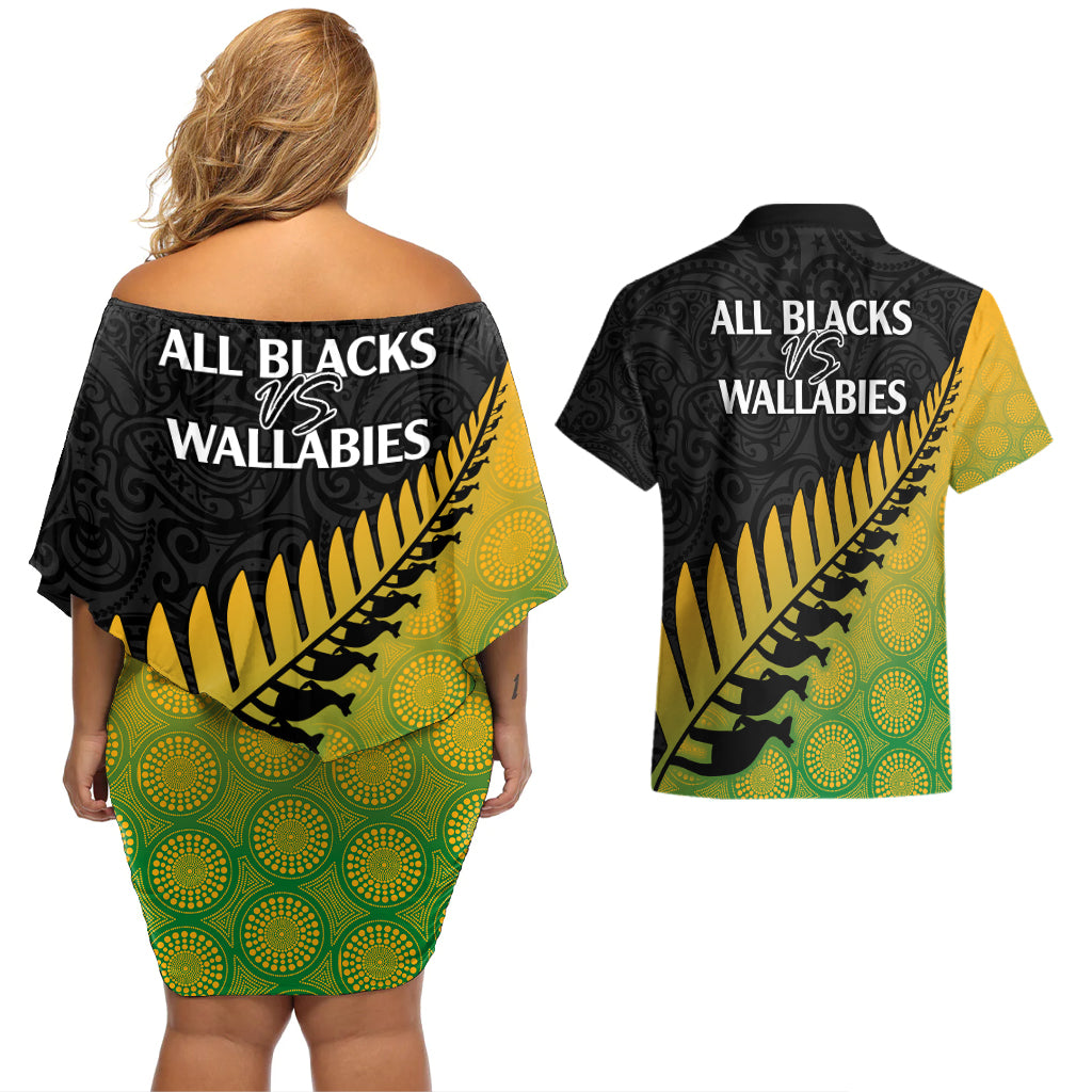 Australia Wallabies and Aotearoa Rugby Couples Matching Off Shoulder Short Dress and Hawaiian Shirt Kangaroo Black Fern Maori Gradient Vibe LT9 - Wonder Print Shop