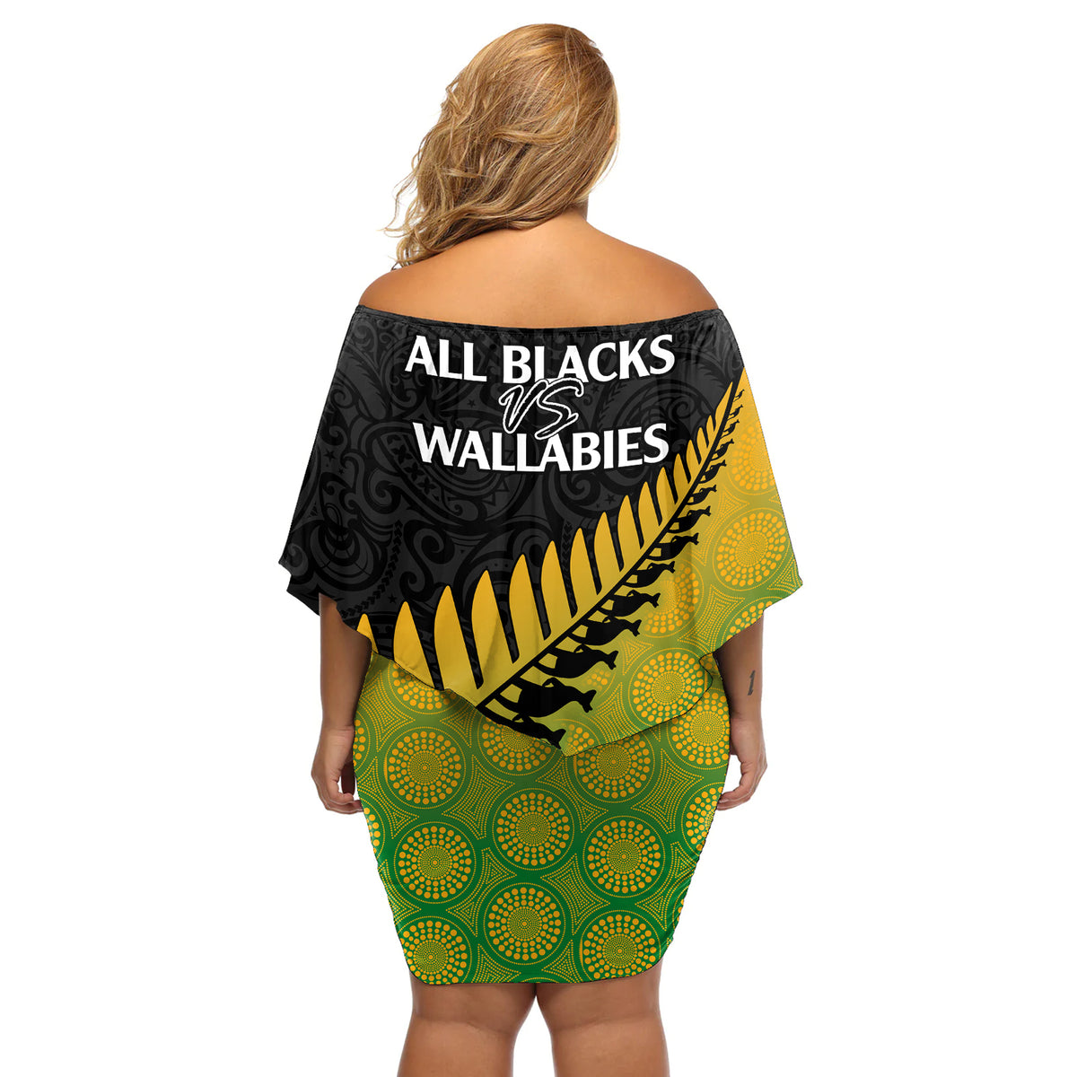 Australia Wallabies and Aotearoa Rugby Off Shoulder Short Dress Kangaroo Black Fern Maori Gradient Vibe - Wonder Print Shop