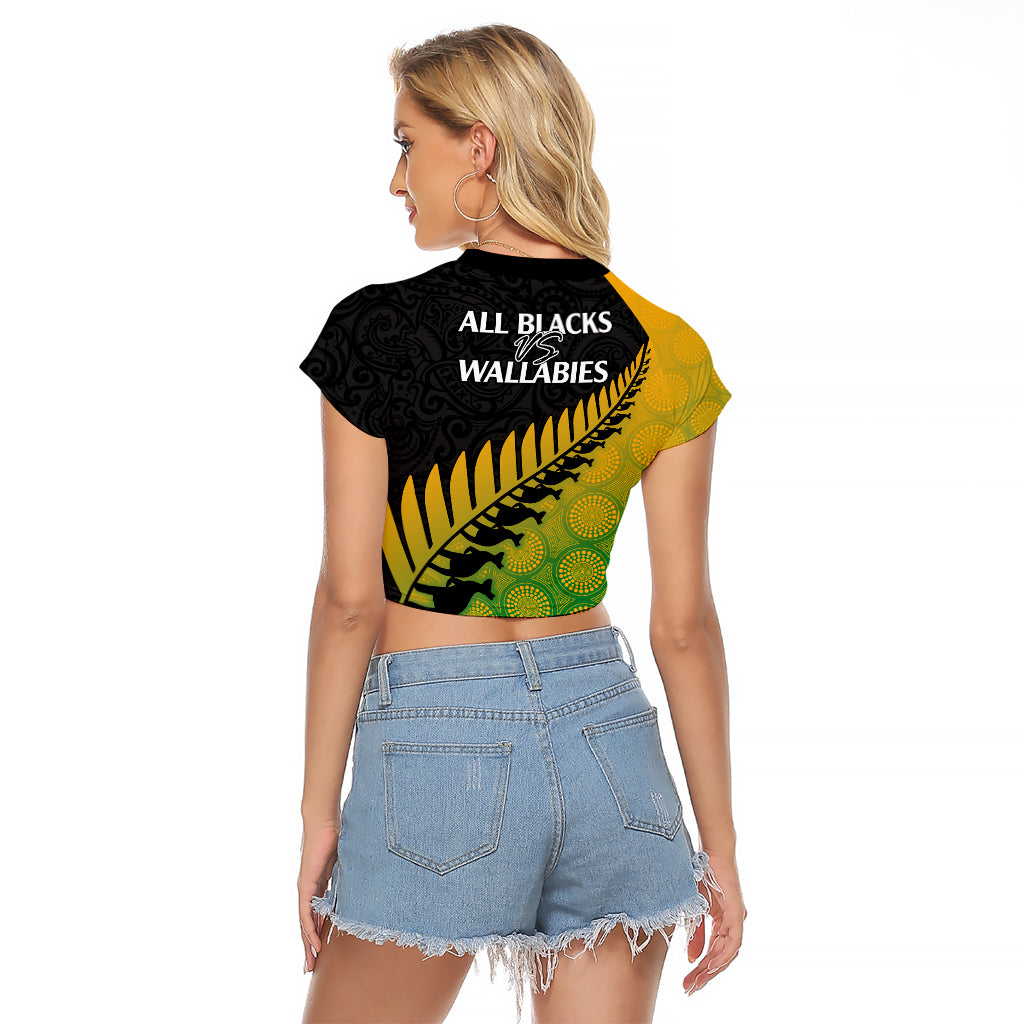 Australia Wallabies and Aotearoa Rugby Raglan Cropped T Shirt Kangaroo Black Fern Maori Gradient Vibe - Wonder Print Shop