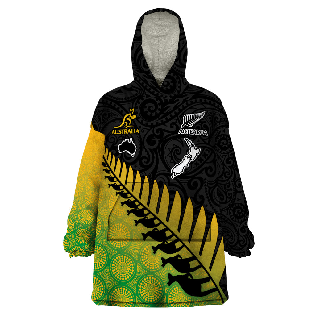 Australia Wallabies and Aotearoa Rugby Wearable Blanket Hoodie Kangaroo Black Fern Maori Gradient Vibe - Wonder Print Shop