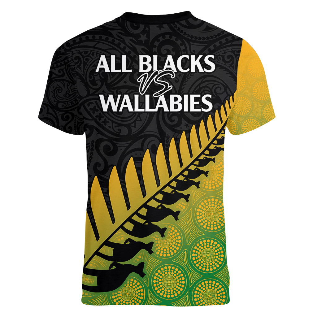 Australia Wallabies and Aotearoa Rugby Women V Neck T Shirt Kangaroo Black Fern Maori Gradient Vibe - Wonder Print Shop