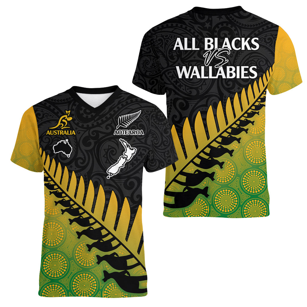 Australia Wallabies and Aotearoa Rugby Women V Neck T Shirt Kangaroo Black Fern Maori Gradient Vibe - Wonder Print Shop
