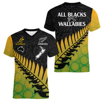 Australia Wallabies and Aotearoa Rugby Women V Neck T Shirt Kangaroo Black Fern Maori Gradient Vibe - Wonder Print Shop