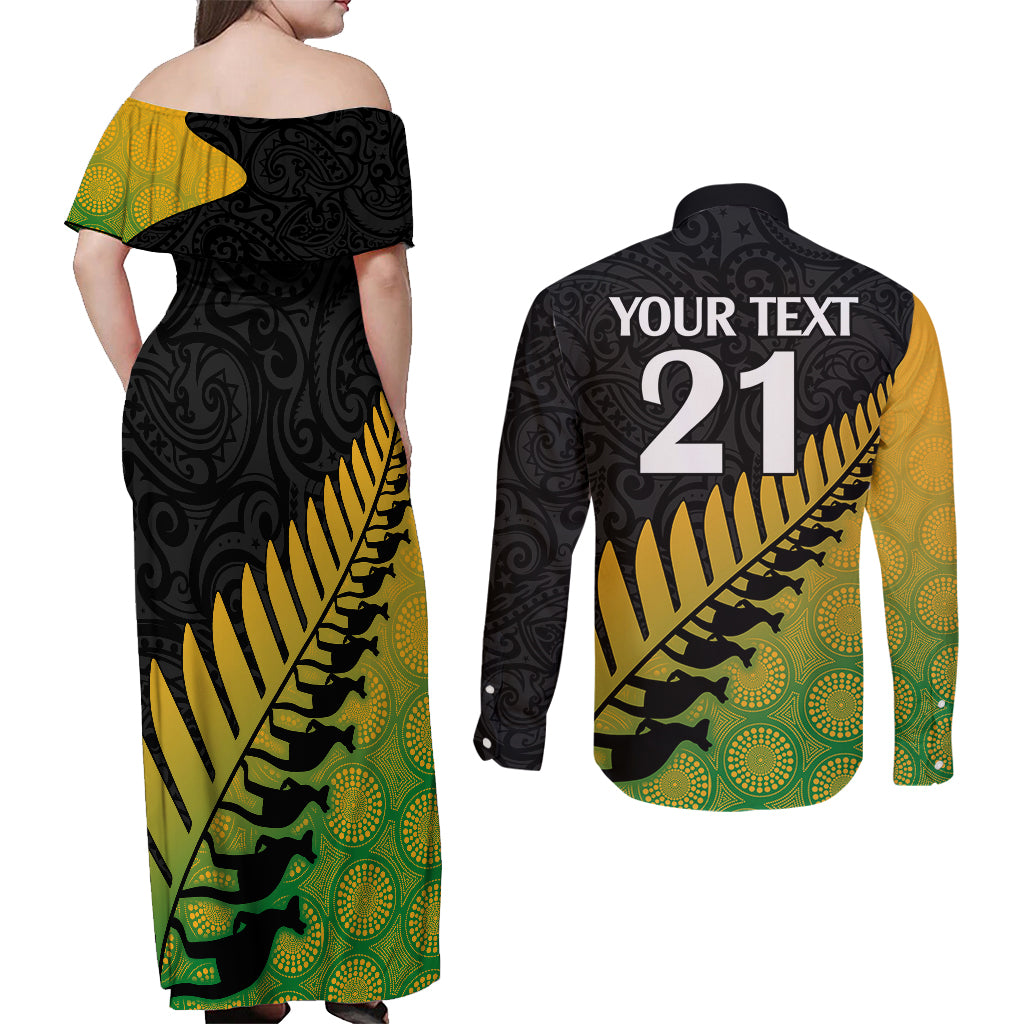 Custom Australia Wallabies and Aotearoa Rugby Couples Matching Off Shoulder Maxi Dress and Long Sleeve Button Shirts Kangaroo Black Fern Maori Gradient Vibe LT9 - Wonder Print Shop