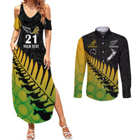 Custom Australia Wallabies and Aotearoa Rugby Couples Matching Summer Maxi Dress and Long Sleeve Button Shirts Kangaroo Black Fern Maori Gradient Vibe LT9 - Wonder Print Shop