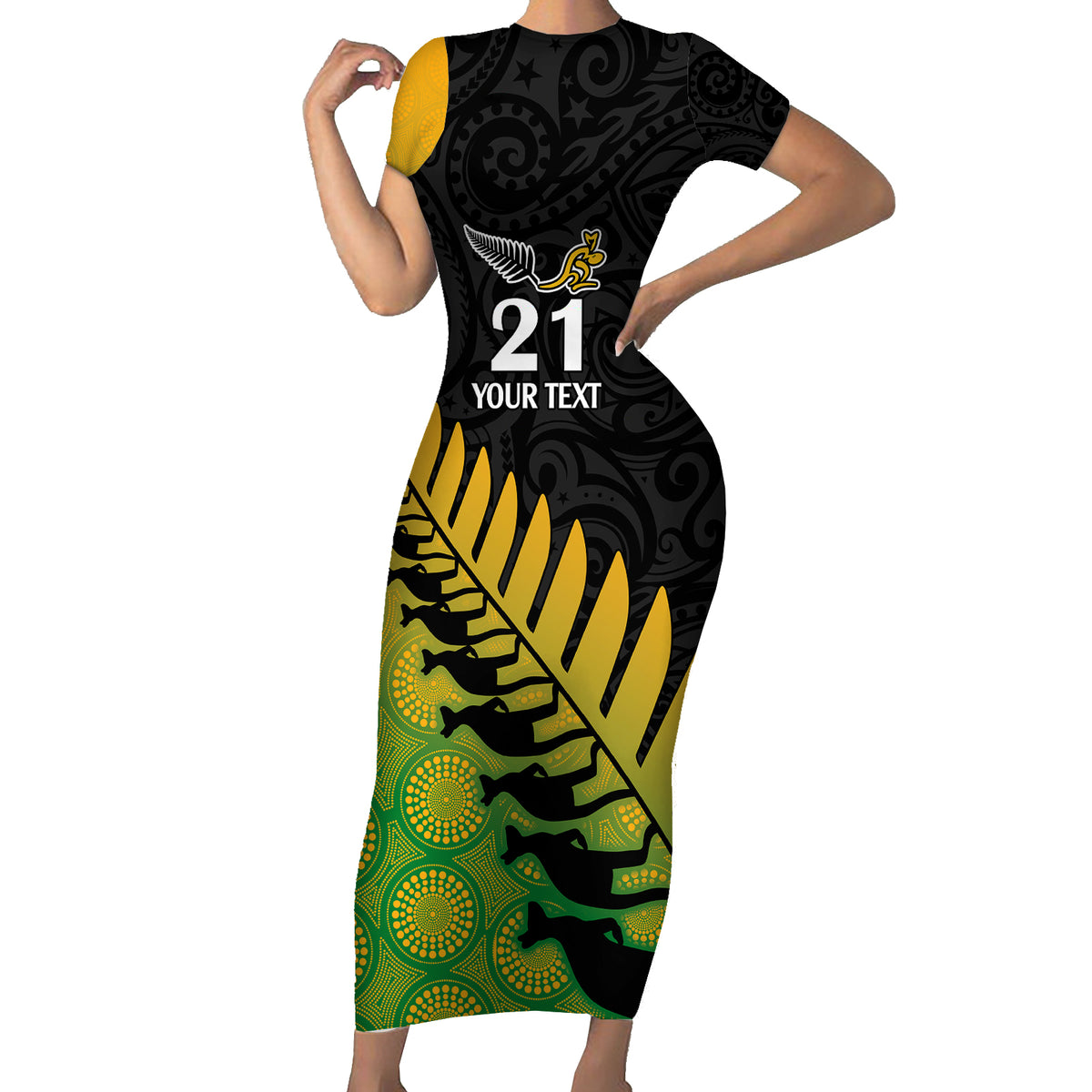 Custom Australia Wallabies and Aotearoa Rugby Short Sleeve Bodycon Dress Kangaroo Black Fern Maori Gradient Vibe - Wonder Print Shop
