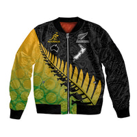 Custom Australia Wallabies and Aotearoa Rugby Sleeve Zip Bomber Jacket Kangaroo Black Fern Maori Gradient Vibe - Wonder Print Shop