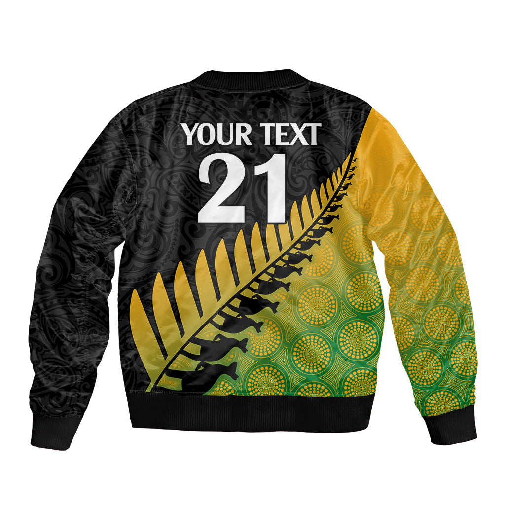 Custom Australia Wallabies and Aotearoa Rugby Sleeve Zip Bomber Jacket Kangaroo Black Fern Maori Gradient Vibe - Wonder Print Shop