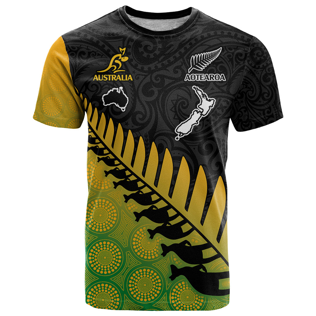 Custom Australia Wallabies and Aotearoa Rugby T Shirt Kangaroo Black Fern Maori Gradient Vibe - Wonder Print Shop