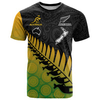 Custom Australia Wallabies and Aotearoa Rugby T Shirt Kangaroo Black Fern Maori Gradient Vibe - Wonder Print Shop