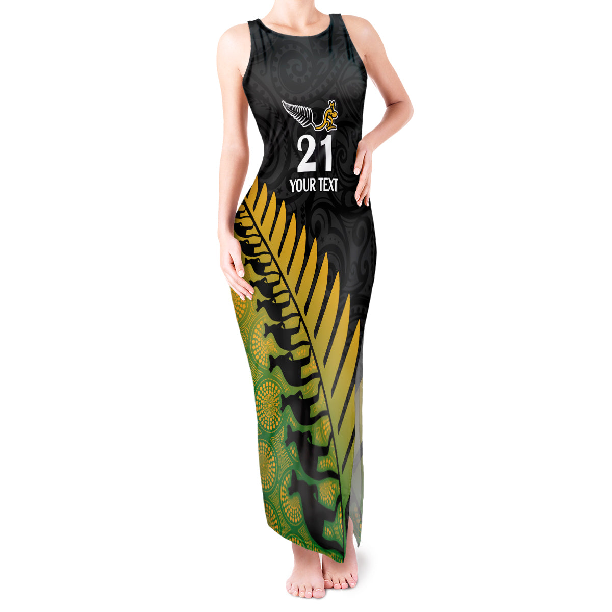Custom Australia Wallabies and Aotearoa Rugby Tank Maxi Dress Kangaroo Black Fern Maori Gradient Vibe - Wonder Print Shop
