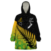 Custom Australia Wallabies and Aotearoa Rugby Wearable Blanket Hoodie Kangaroo Black Fern Maori Gradient Vibe - Wonder Print Shop