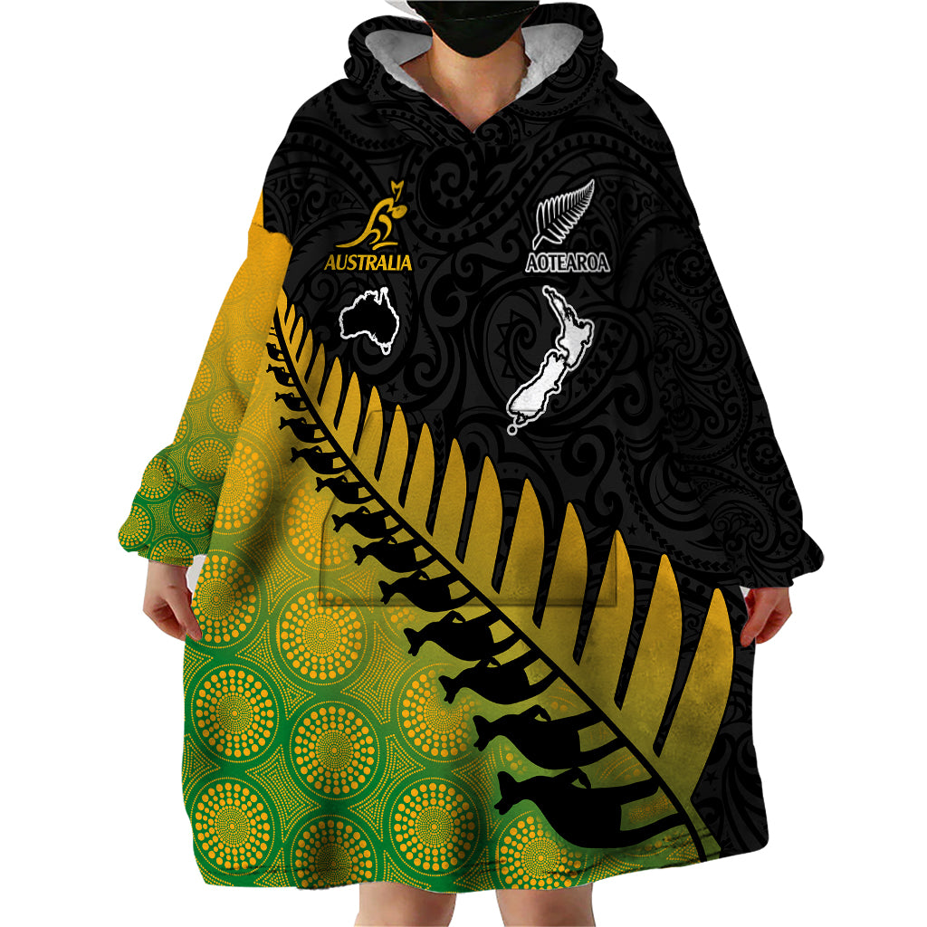 Custom Australia Wallabies and Aotearoa Rugby Wearable Blanket Hoodie Kangaroo Black Fern Maori Gradient Vibe - Wonder Print Shop