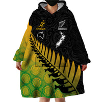Custom Australia Wallabies and Aotearoa Rugby Wearable Blanket Hoodie Kangaroo Black Fern Maori Gradient Vibe - Wonder Print Shop