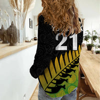 Custom Australia Wallabies and Aotearoa Rugby Women Casual Shirt Kangaroo Black Fern Maori Gradient Vibe - Wonder Print Shop