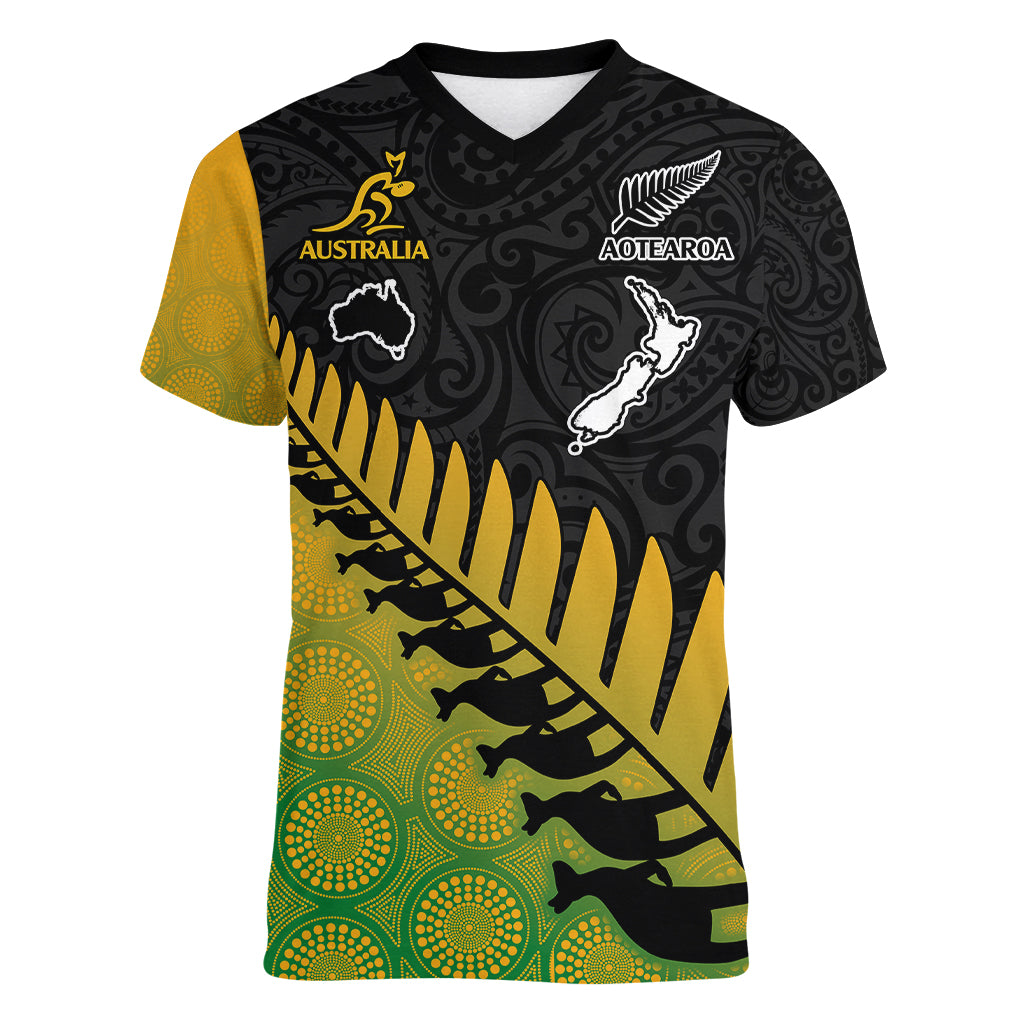 Custom Australia Wallabies and Aotearoa Rugby Women V Neck T Shirt Kangaroo Black Fern Maori Gradient Vibe - Wonder Print Shop