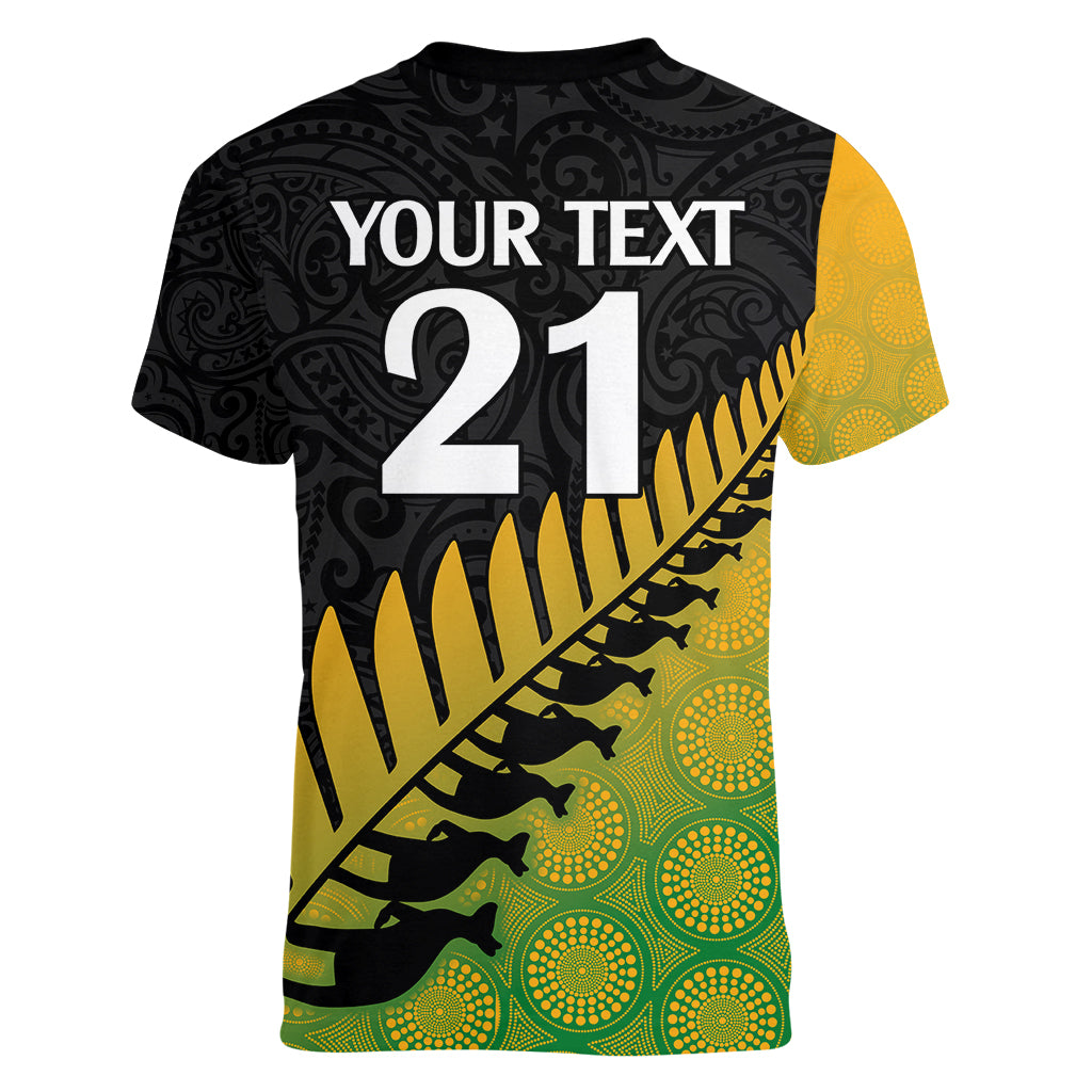 Custom Australia Wallabies and Aotearoa Rugby Women V Neck T Shirt Kangaroo Black Fern Maori Gradient Vibe - Wonder Print Shop