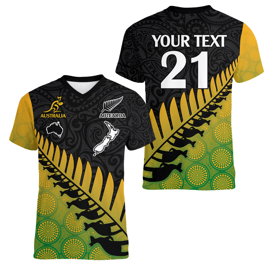 Custom Australia Wallabies and Aotearoa Rugby Women V Neck T Shirt Kangaroo Black Fern Maori Gradient Vibe - Wonder Print Shop