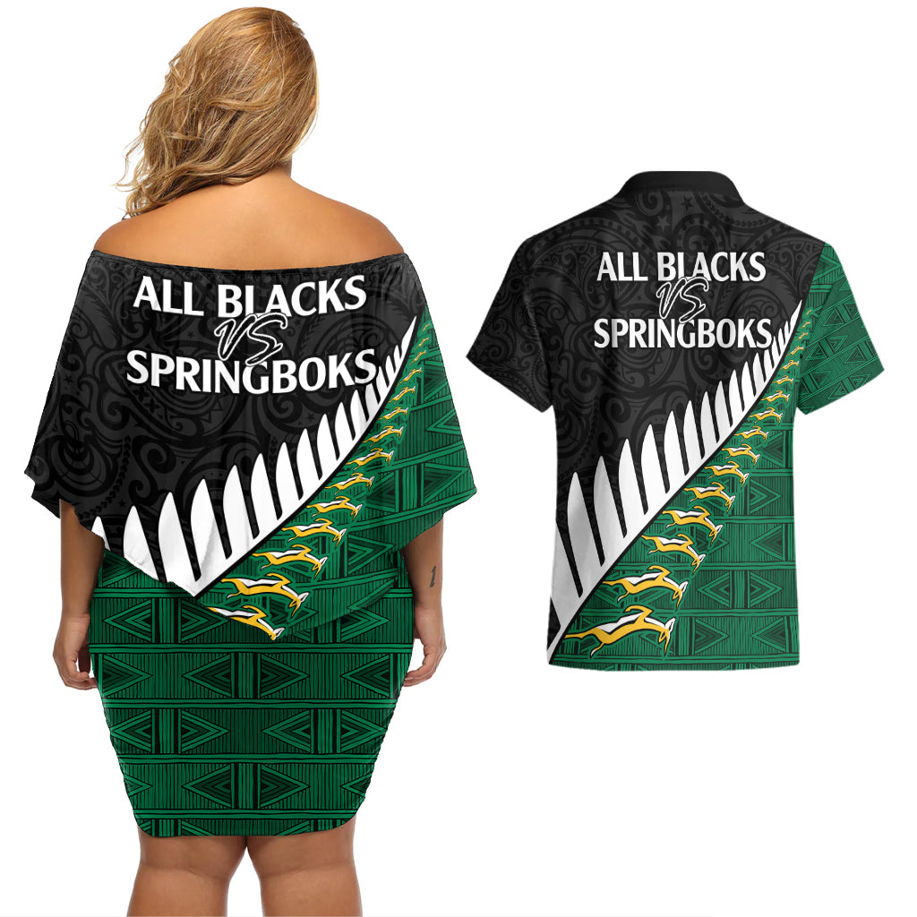 South Africa and Aotearoa Rugby Couples Matching Off Shoulder Short Dress and Hawaiian Shirt Springboks Black Fern Maori Vibe LT9 - Wonder Print Shop