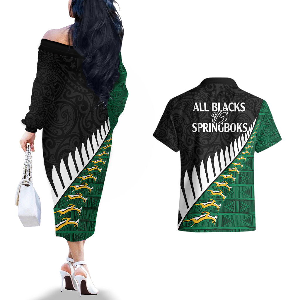 South Africa and Aotearoa Rugby Couples Matching Off The Shoulder Long Sleeve Dress and Hawaiian Shirt Springboks Black Fern Maori Vibe LT9 - Wonder Print Shop
