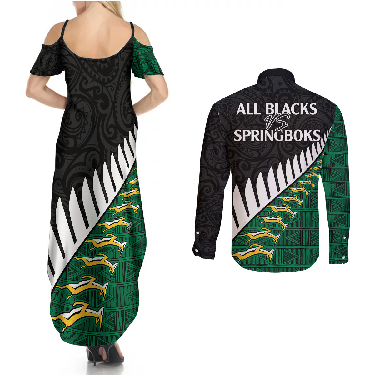 South Africa and Aotearoa Rugby Couples Matching Summer Maxi Dress and Long Sleeve Button Shirts Springboks Black Fern Maori Vibe LT9 - Wonder Print Shop