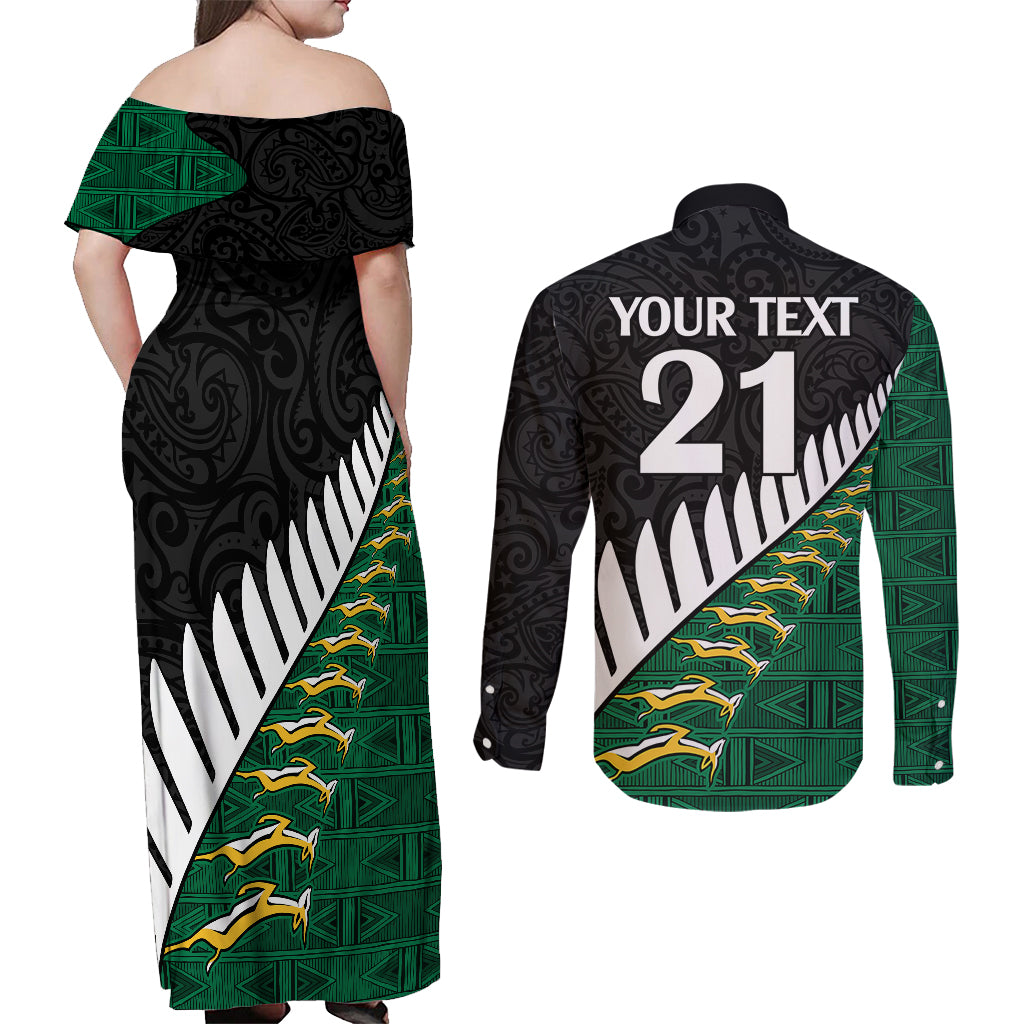 Custom South Africa and Aotearoa Rugby Couples Matching Off Shoulder Maxi Dress and Long Sleeve Button Shirts Springboks Black Fern Maori Vibe LT9 - Wonder Print Shop