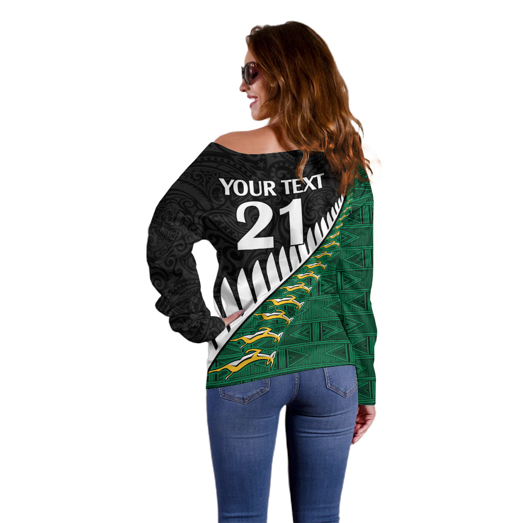 Custom South Africa and Aotearoa Rugby Off Shoulder Sweater Springboks Black Fern Maori Vibe - Wonder Print Shop