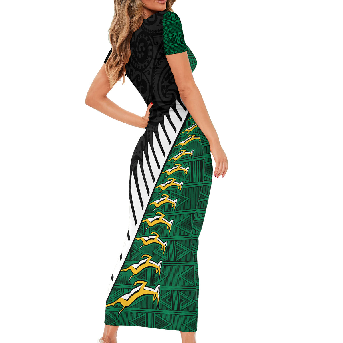 Custom South Africa and Aotearoa Rugby Short Sleeve Bodycon Dress Springboks Black Fern Maori Vibe - Wonder Print Shop