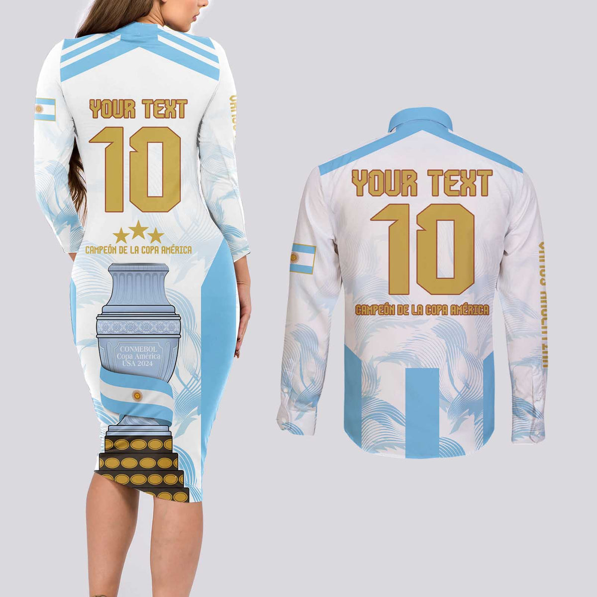 Argentina Champions Football Custom Couples Matching Long Sleeve Bodycon Dress and Long Sleeve Button Shirt Campeon de America LT9 - Wonder Print Shop