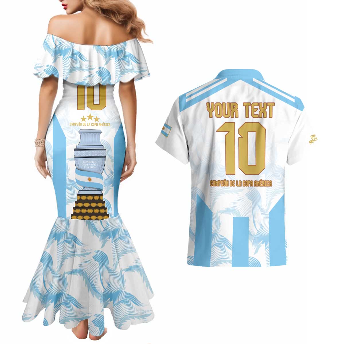 Argentina Champions Football Custom Couples Matching Mermaid Dress and Hawaiian Shirt Campeon de America LT9 - Wonder Print Shop
